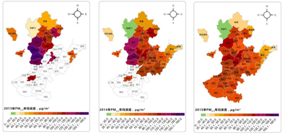 2013-2015年京津冀及周边地区PM2.5年均浓度变化图